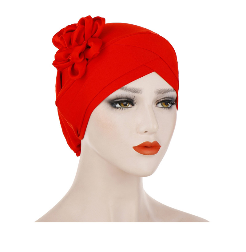 Fashion Wine Red Milk-colored Side Flower Turban Cap,Beanies&Others