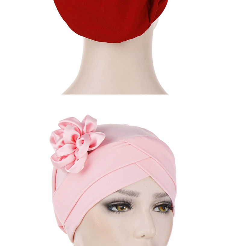 Fashion Red Milk-colored Side Flower Turban Cap,Beanies&Others