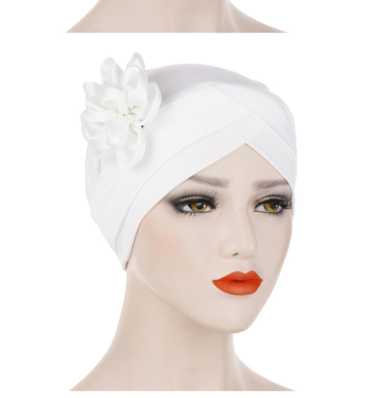 Fashion Navy Milk-colored Side Flower Turban Cap,Beanies&Others