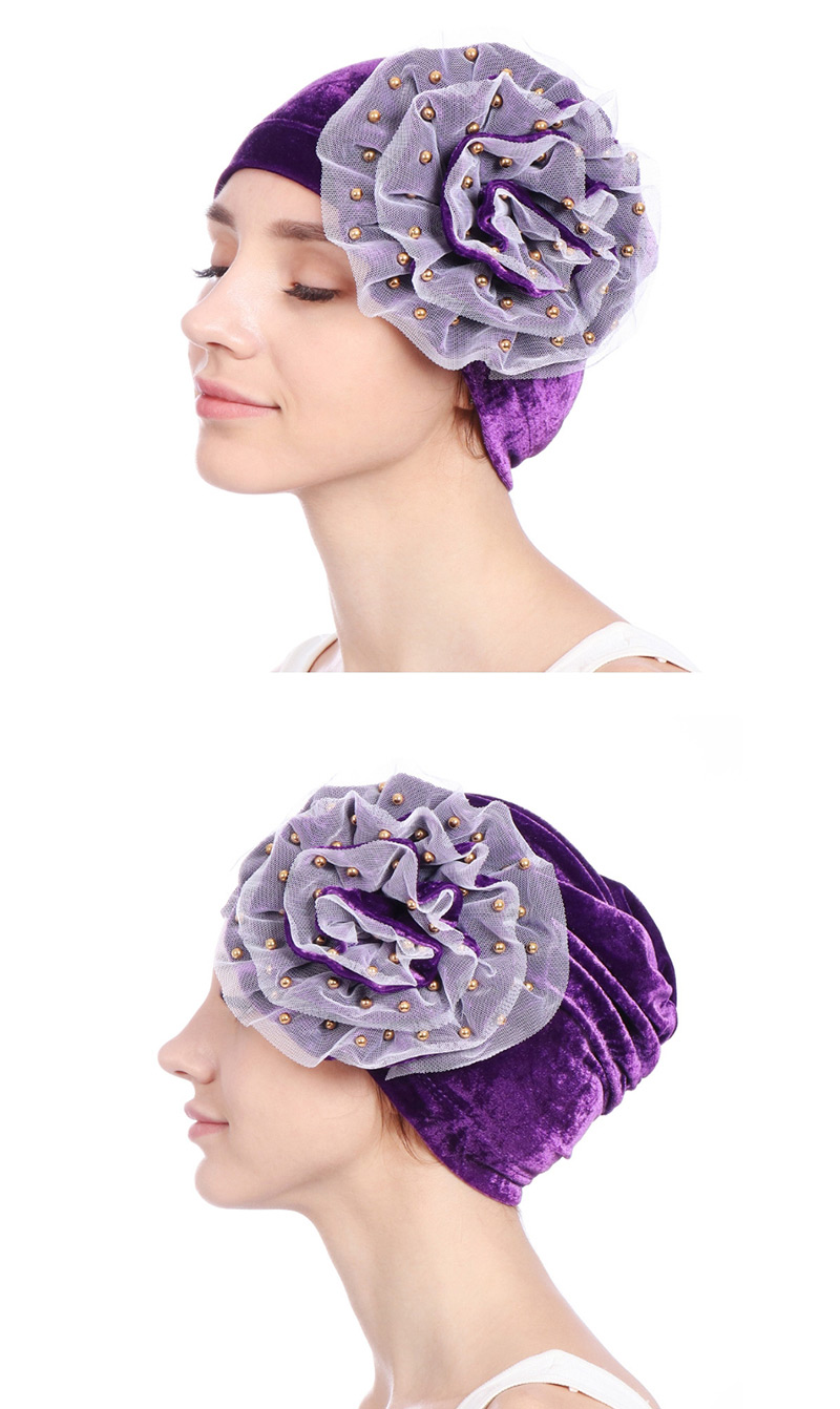 Fashion Sapphire Gold Velvet Beaded Flower Double-layer Mesh Edging Scarf Cap,Beanies&Others