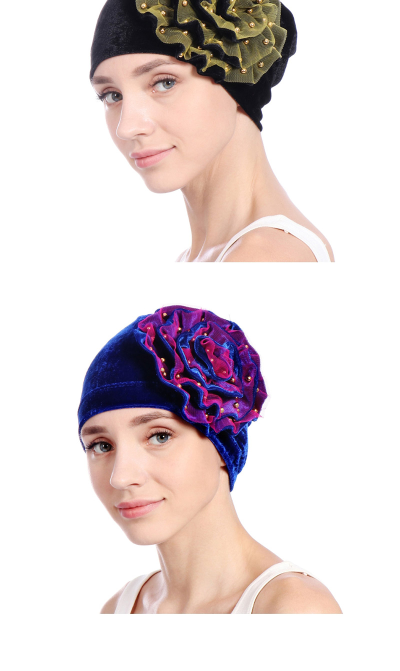 Fashion Sapphire Gold Velvet Beaded Flower Double-layer Mesh Edging Scarf Cap,Beanies&Others