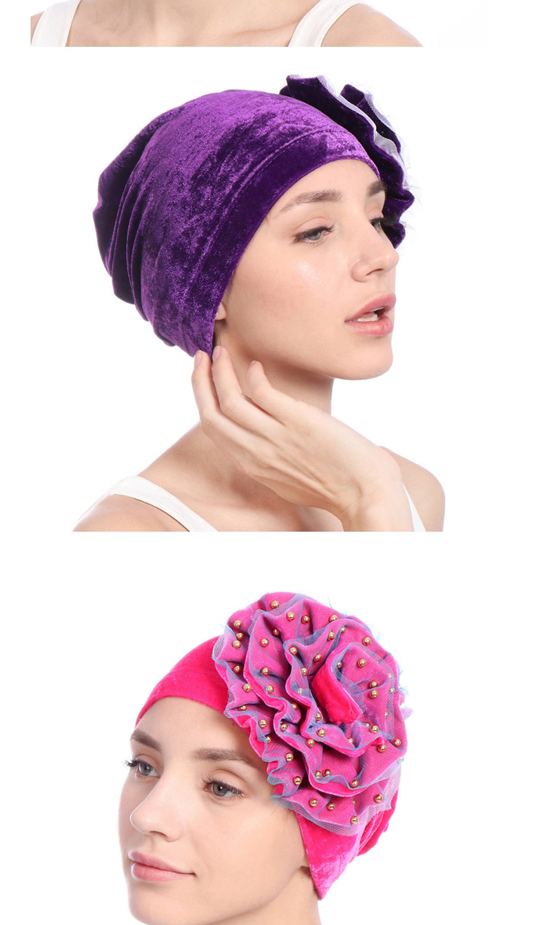 Fashion Rose Red Gold Velvet Beaded Flower Double-layer Mesh Edging Scarf Cap,Beanies&Others
