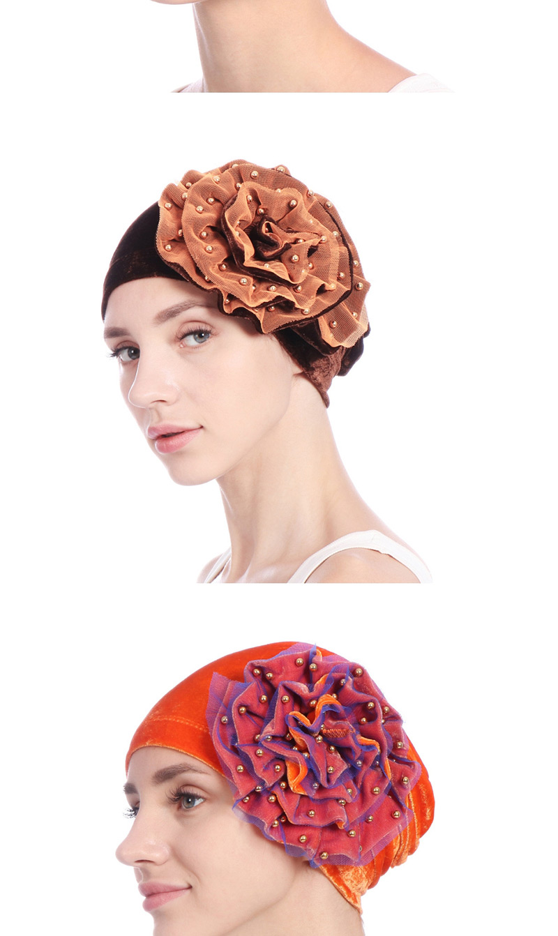 Fashion Gold Gold Velvet Beaded Flower Double-layer Mesh Edging Scarf Cap,Beanies&Others