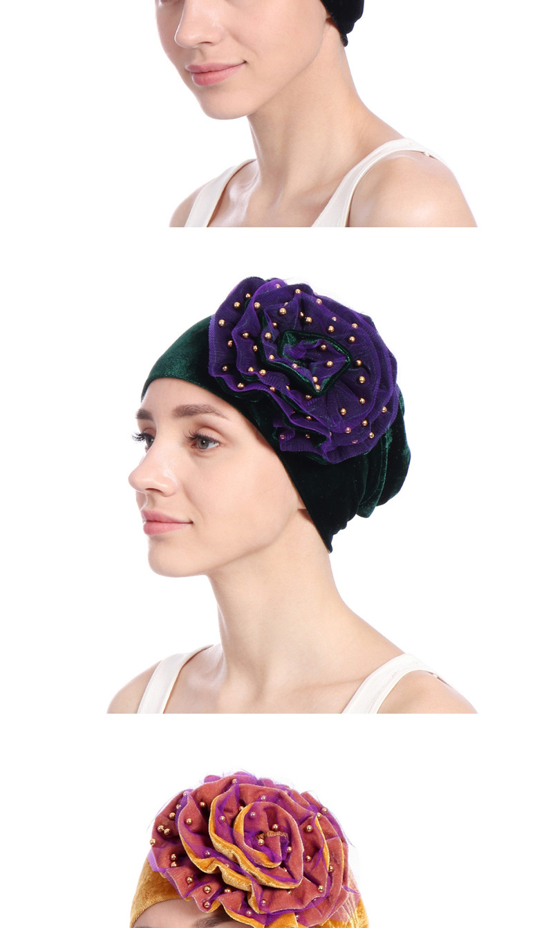 Fashion Purple Gold Velvet Beaded Flower Double-layer Mesh Edging Scarf Cap,Beanies&Others