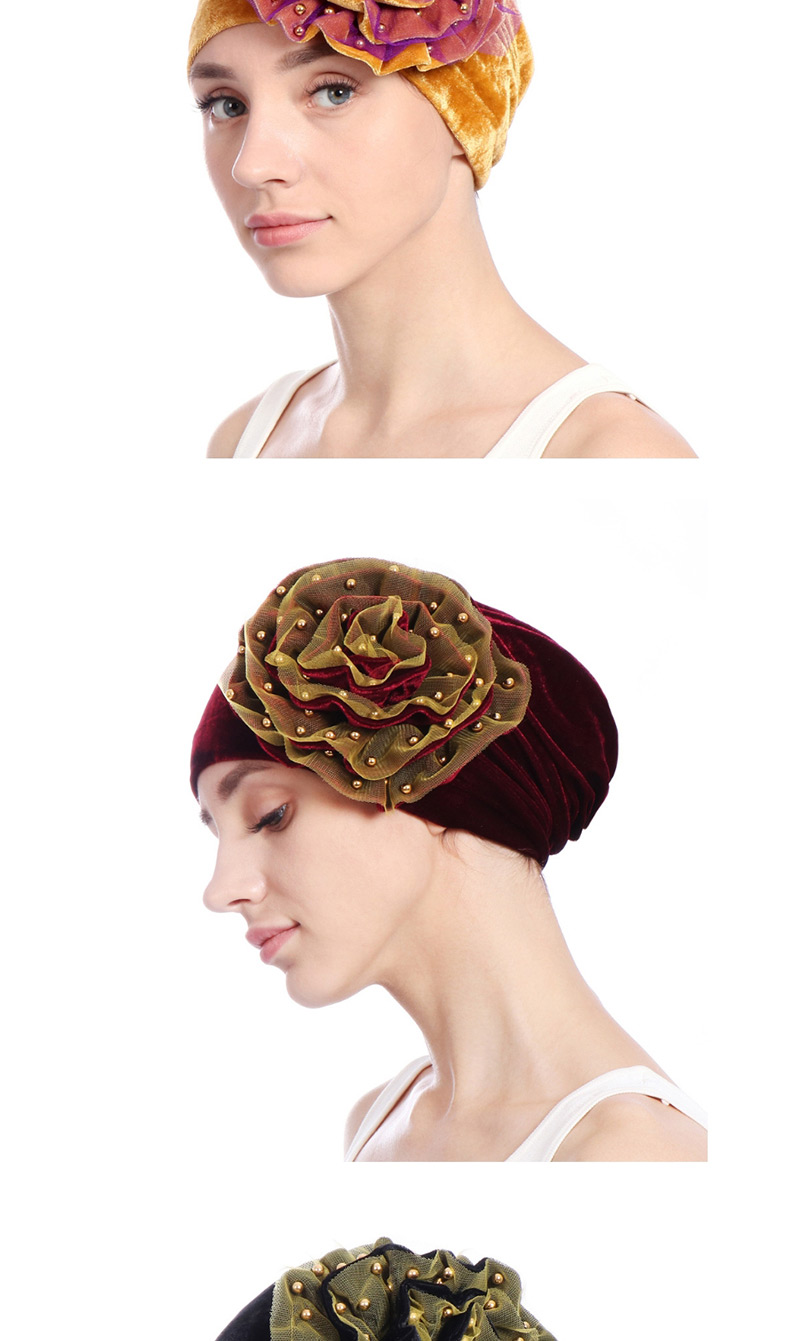 Fashion Black Yellow Gold Velvet Beaded Flower Double-layer Mesh Edging Scarf Cap,Beanies&Others