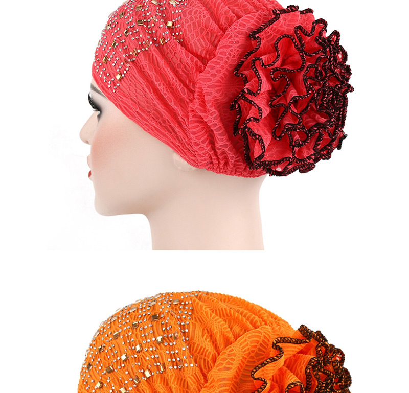 Fashion Orange Hot Drilling Double Color Flower Baotou Cap,Beanies&Others