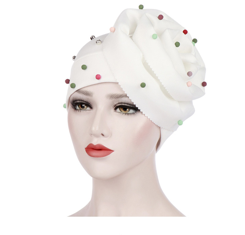 Fashion White Beaded Large Flower Head Cap,Beanies&Others