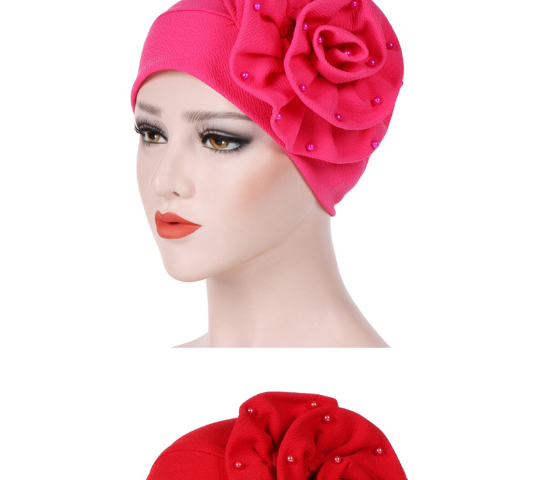 Fashion Rose Red Side Flower Large Flower Nail Pearl Turban Cap,Beanies&Others