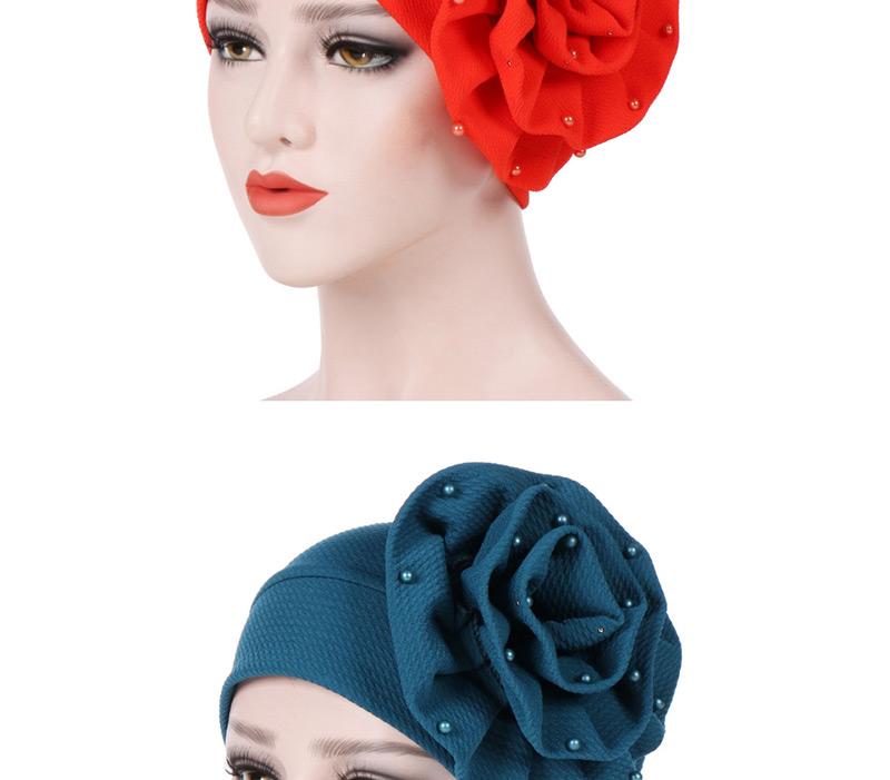 Fashion Rose Red Side Flower Large Flower Nail Pearl Turban Cap,Beanies&Others
