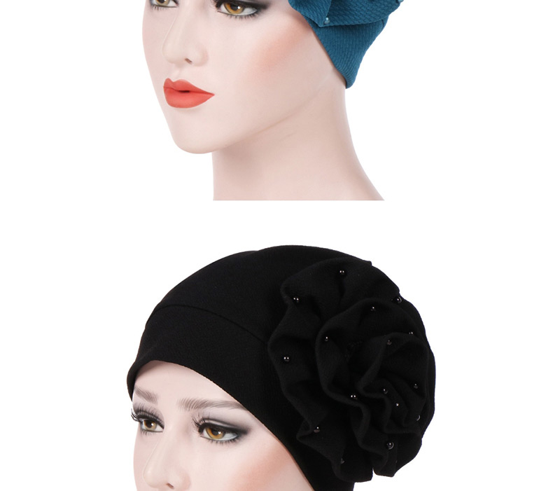 Fashion Black Side Flower Large Flower Nail Pearl Turban Cap,Beanies&Others
