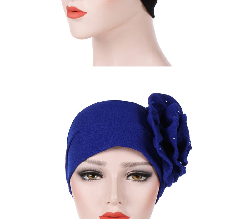 Fashion Black Side Flower Large Flower Nail Pearl Turban Cap,Beanies&Others