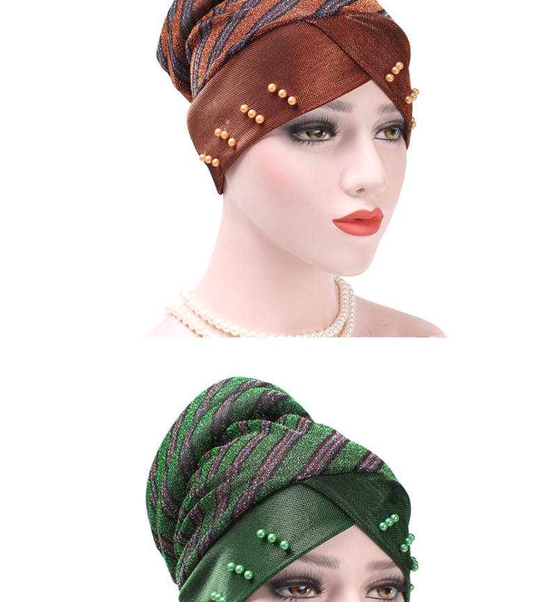 Fashion Green Colorblock Striped Beaded Headband Cap,Beanies&Others