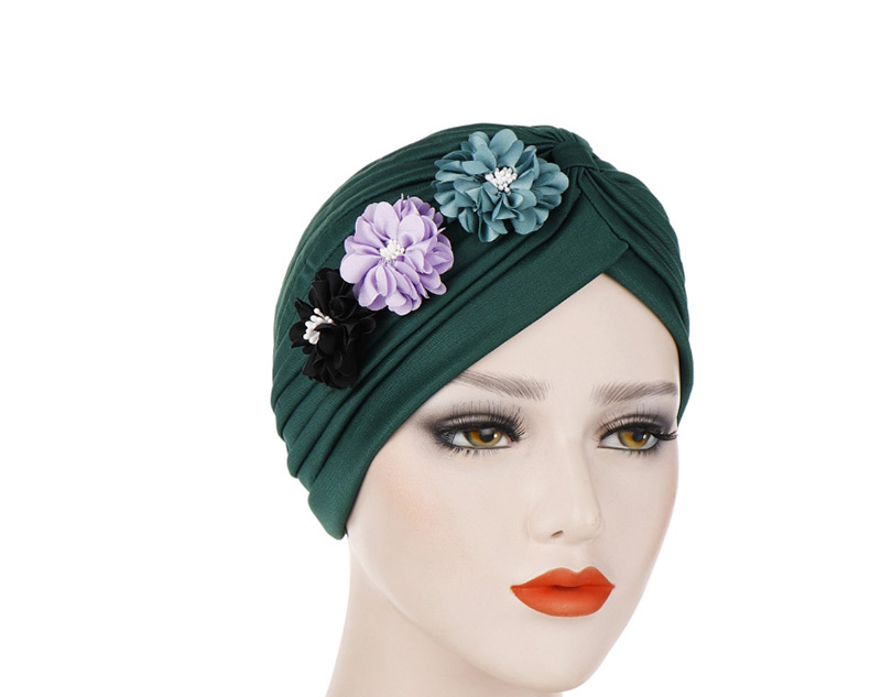 Fashion Dark Green Three Small Flower Pleated Headscarf Caps,Beanies&Others