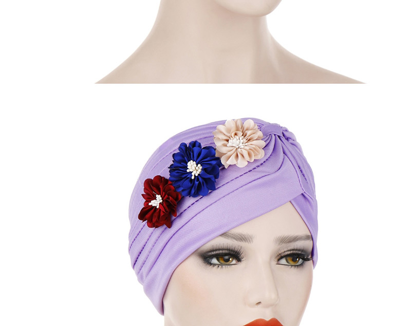 Fashion Light Purple Three Small Flower Pleated Headscarf Caps,Beanies&Others