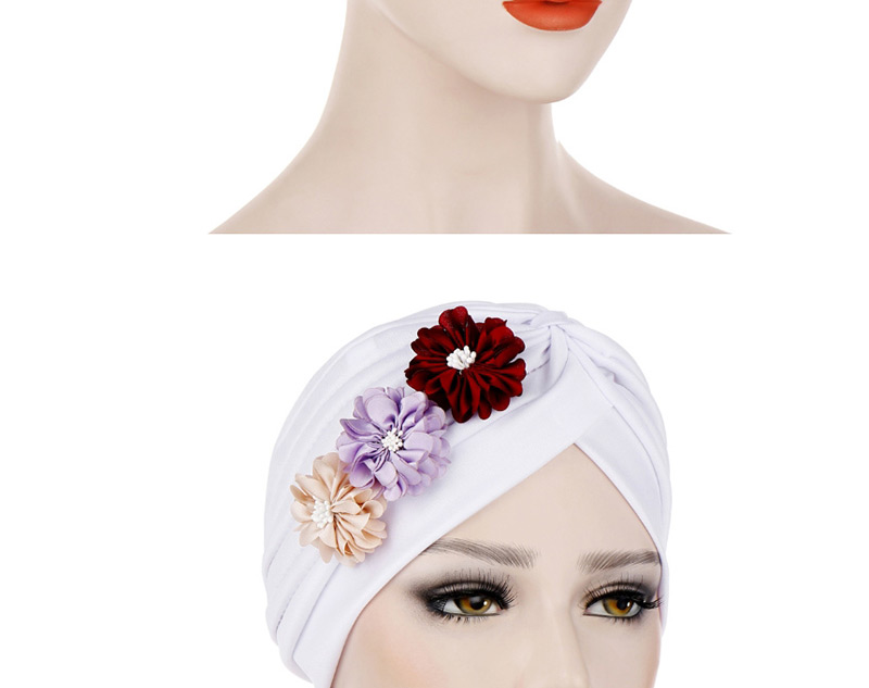 Fashion Beige Three Small Flower Pleated Headscarf Caps,Beanies&Others