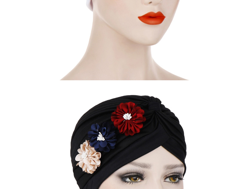 Fashion Wine Red Three Small Flower Pleated Headscarf Caps,Beanies&Others