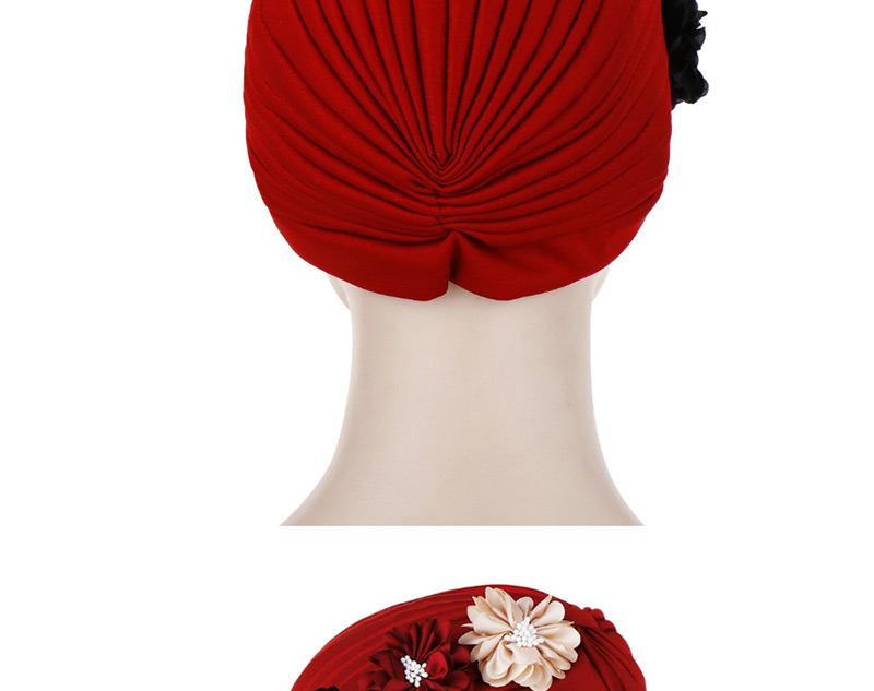 Fashion Wine Red Three Small Flower Pleated Headscarf Caps,Beanies&Others