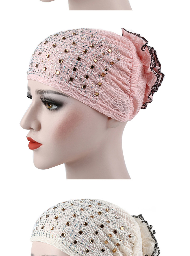 Fashion Beige Flowered Bonnet With Hot Diamond,Beanies&Others