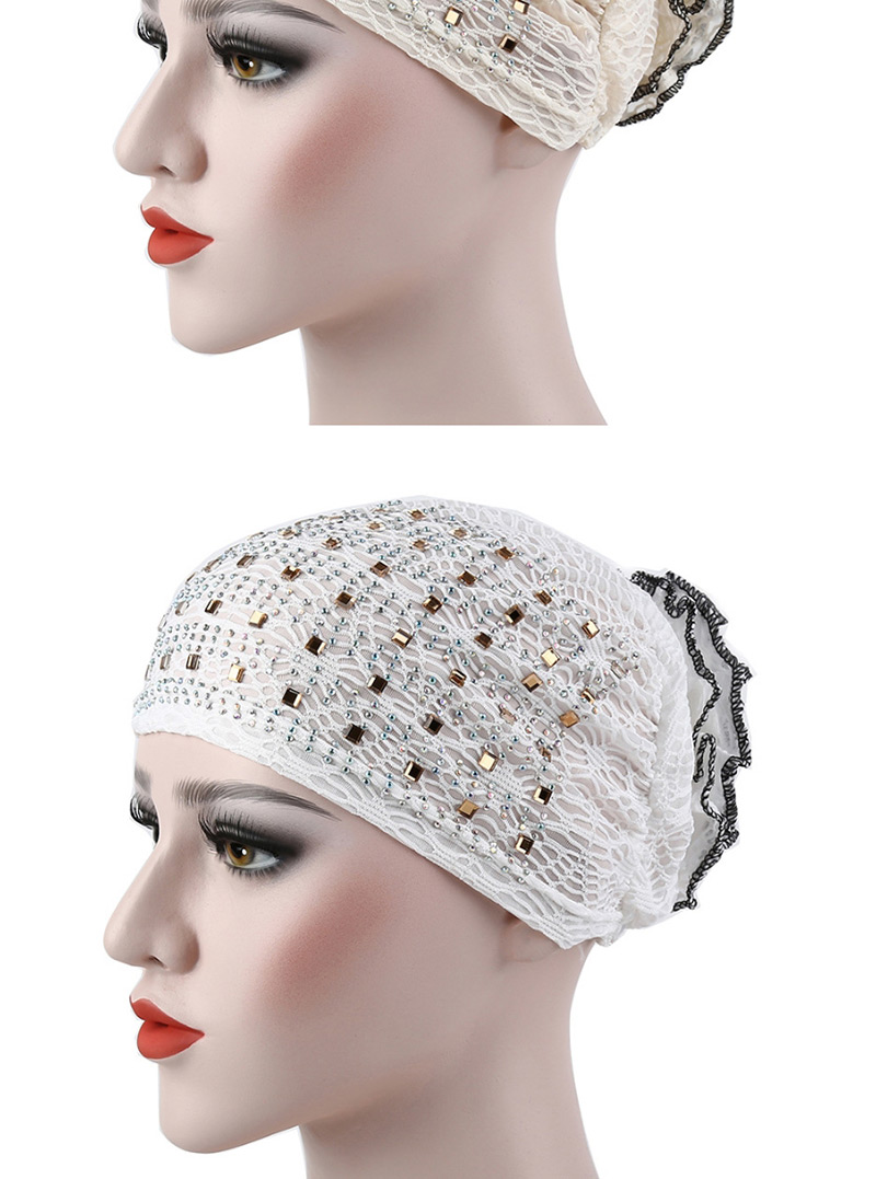 Fashion Beige Flowered Bonnet With Hot Diamond,Beanies&Others