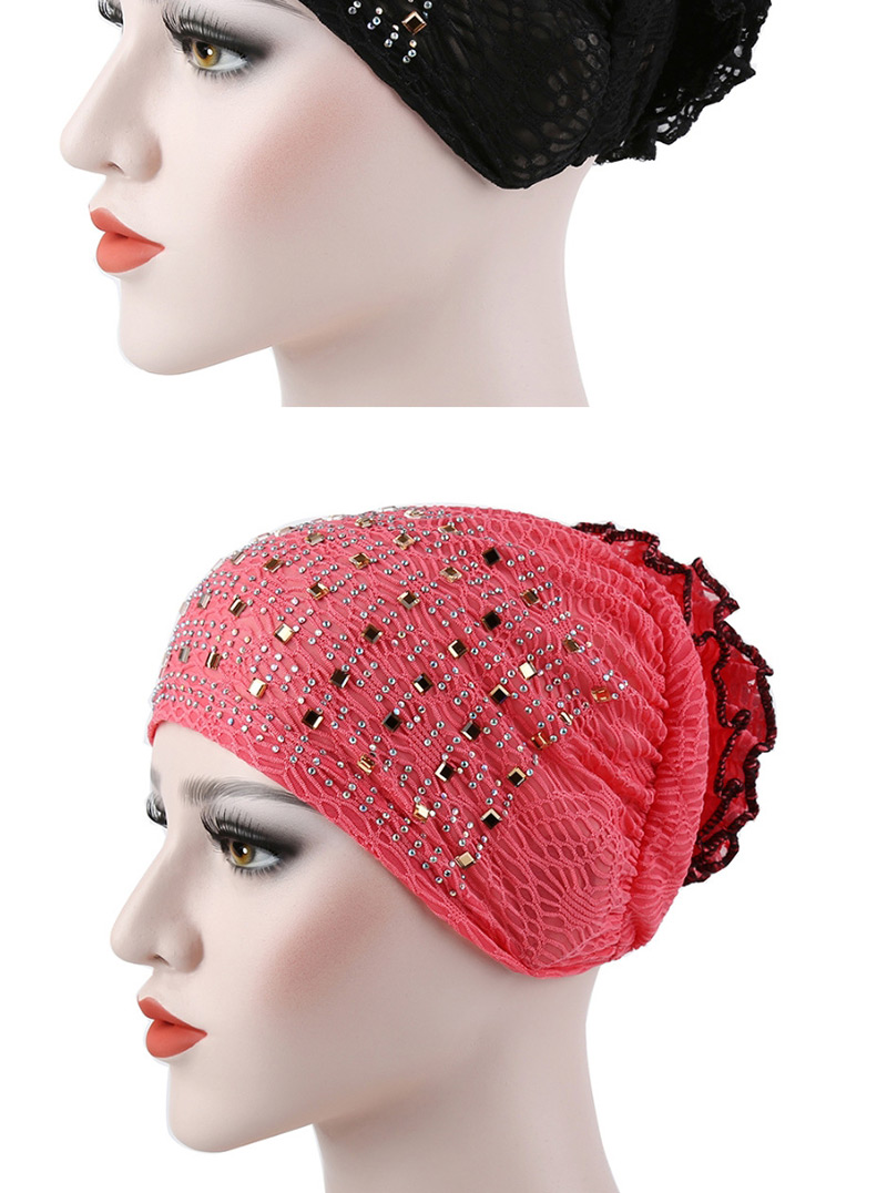 Fashion Black Flowered Bonnet With Hot Diamond,Beanies&Others