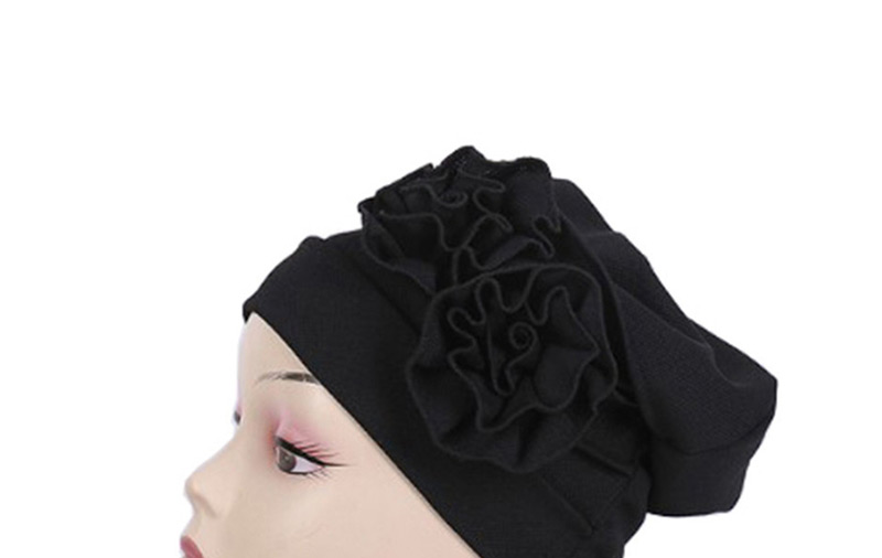 Fashion Black Corn Grain Double Flower Pleated Turban Cap,Beanies&Others