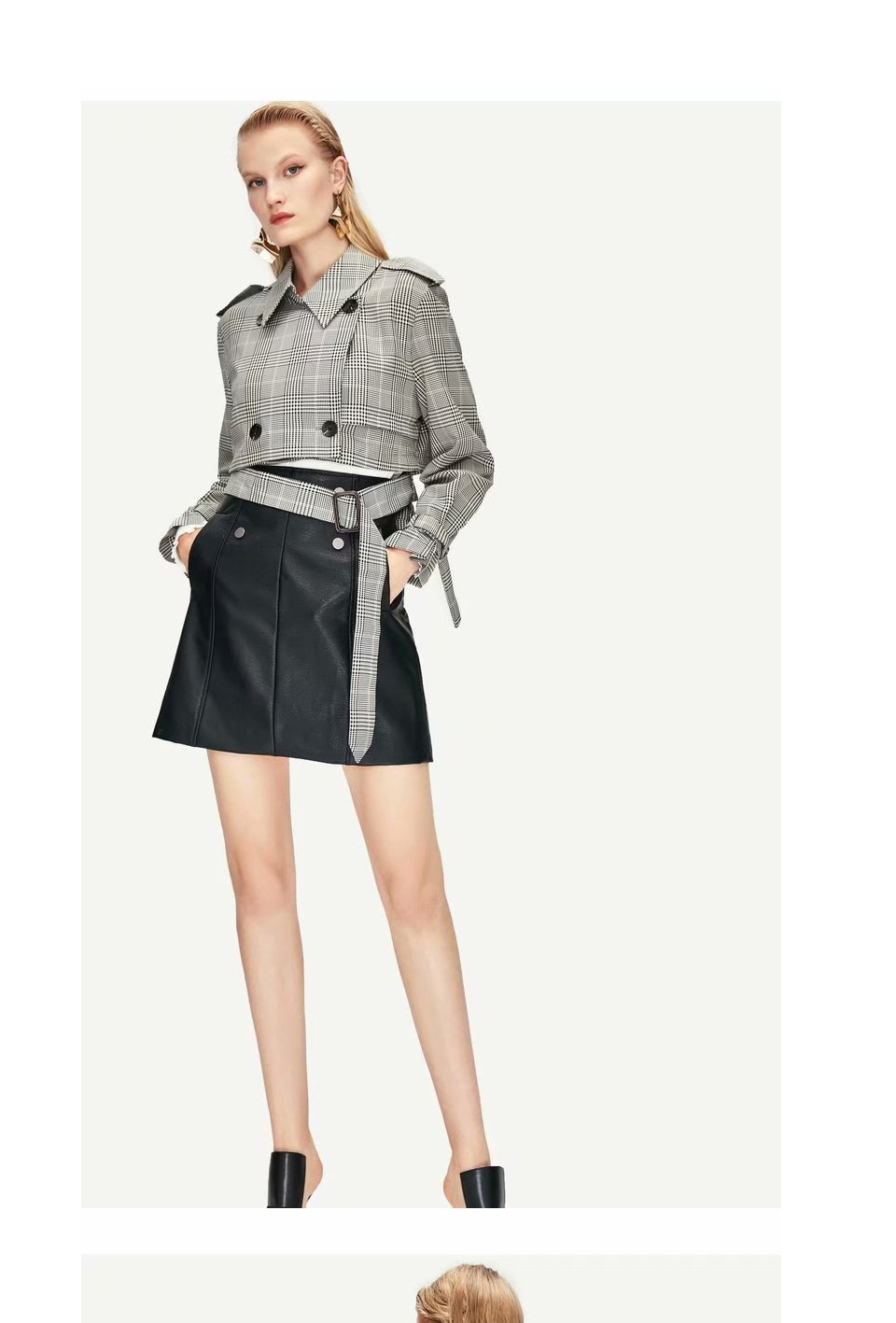 Fashion Gray Plaid Belt Short Coat,Coat-Jacket