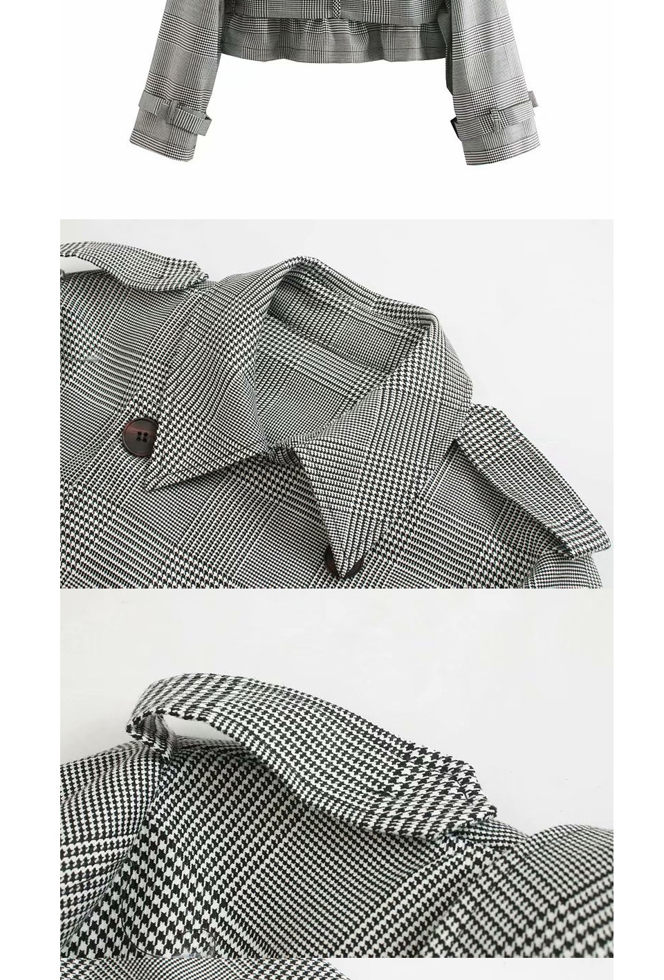 Fashion Gray Plaid Belt Short Coat,Coat-Jacket