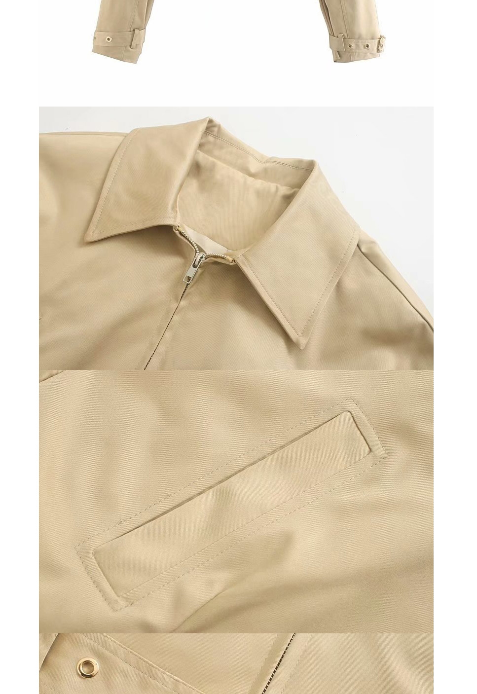 Fashion Khaki Lapel Belt Jacket,Coat-Jacket