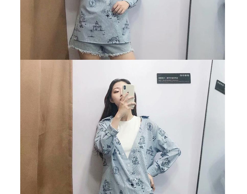 Fashion Blue Off-the-shoulder Stitching Printed Striped Shirt,Tank Tops & Camis