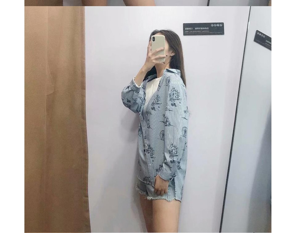 Fashion Blue Off-the-shoulder Stitching Printed Striped Shirt,Tank Tops & Camis