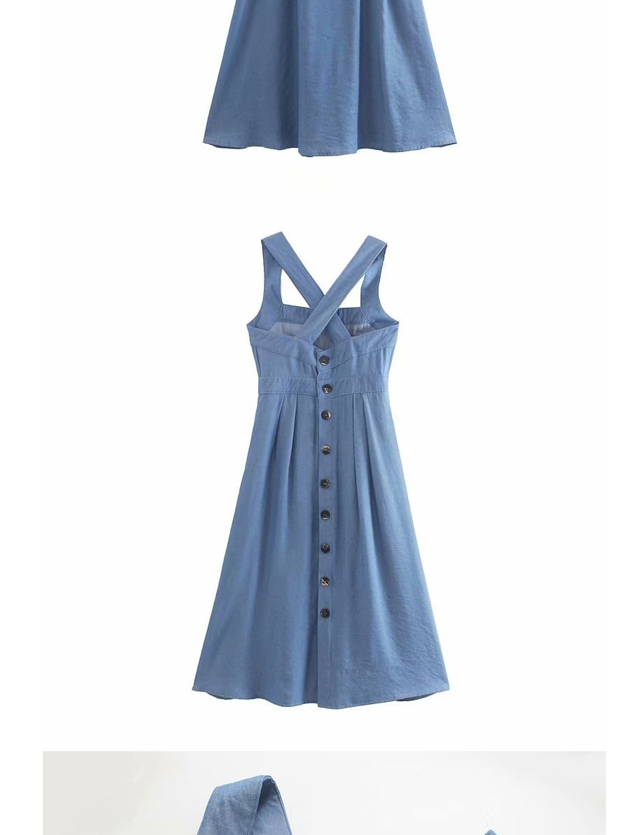 Fashion Blue Cross Straps Back Buttoned Denim Dress,Long Dress