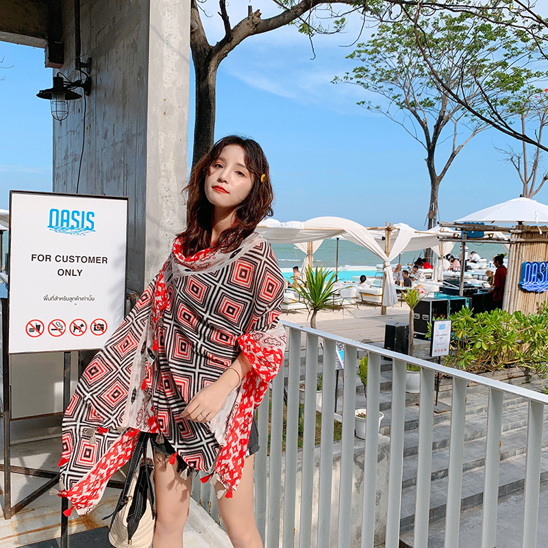 Fashion Red Back Character Pattern Contrast Color Print Tassel Scarf Shawl,Thin Scaves