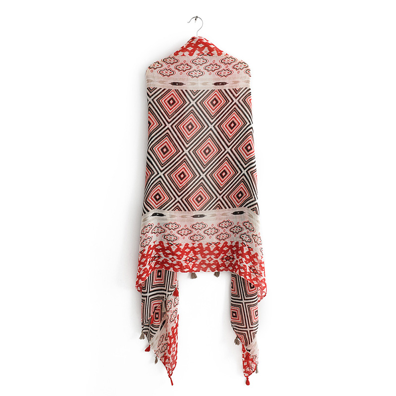 Fashion Red Back Character Pattern Contrast Color Print Tassel Scarf Shawl,Thin Scaves