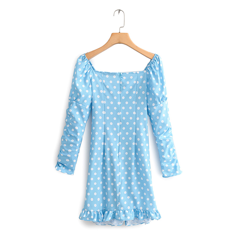 Fashion Blue Polka Dot Pleated Dress,Long Dress