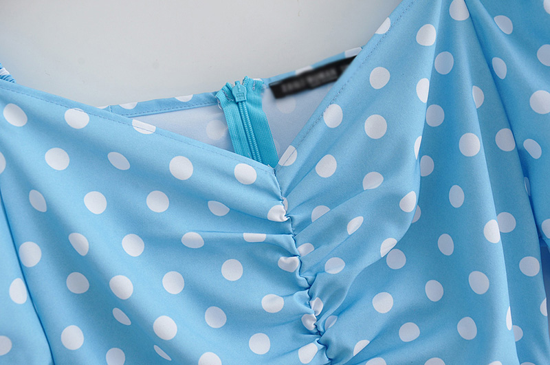 Fashion Blue Polka Dot Pleated Dress,Long Dress