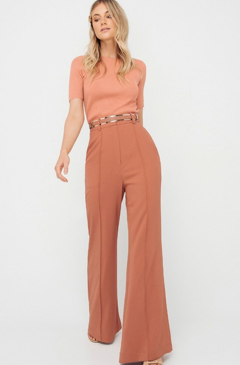 Fashion Rust Red Solid Color Flared Pants,Pants
