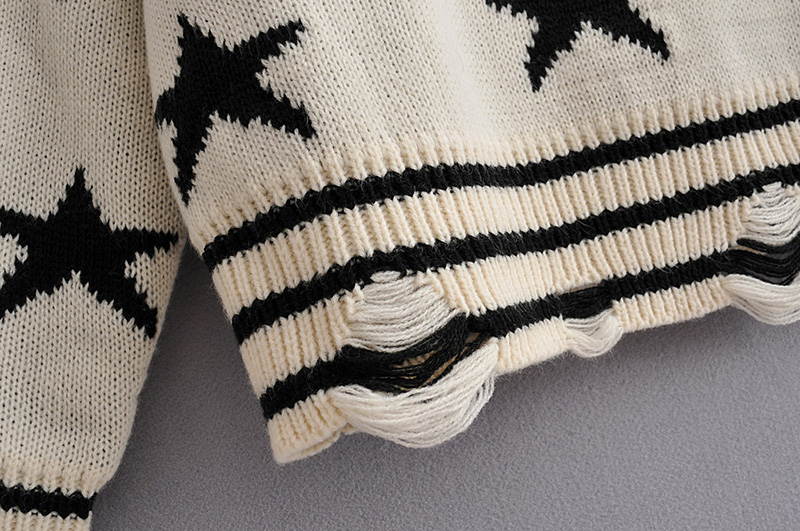 Fashion Creamy-white Star V-neck Hole Sweater,Sweater