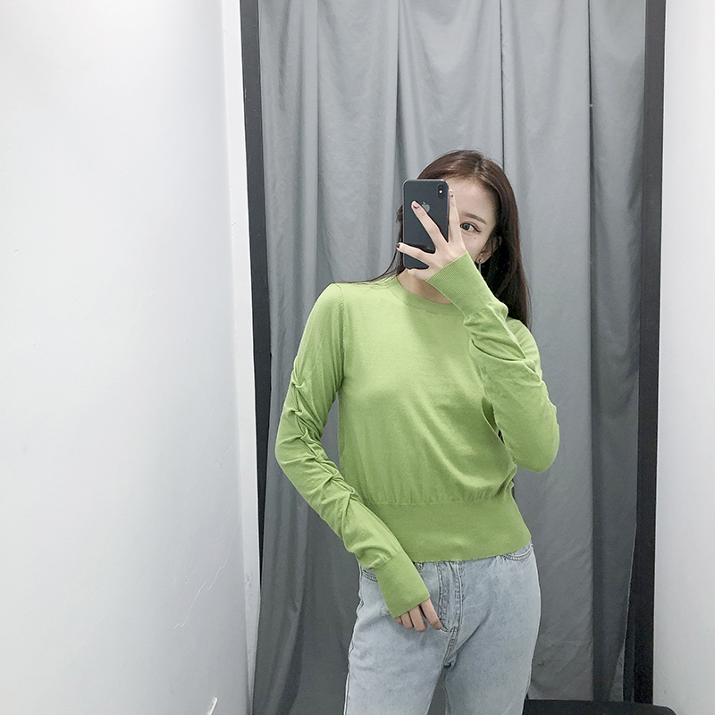 Fashion Green Round Neck Pleated Knit Sweater,Sweater