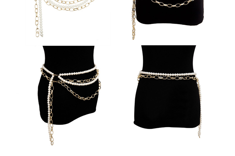 Fashion Single Pearl White Geometric Chain Multi-layer Tassel Pearl Waist Chain,Body Piercing Jewelry