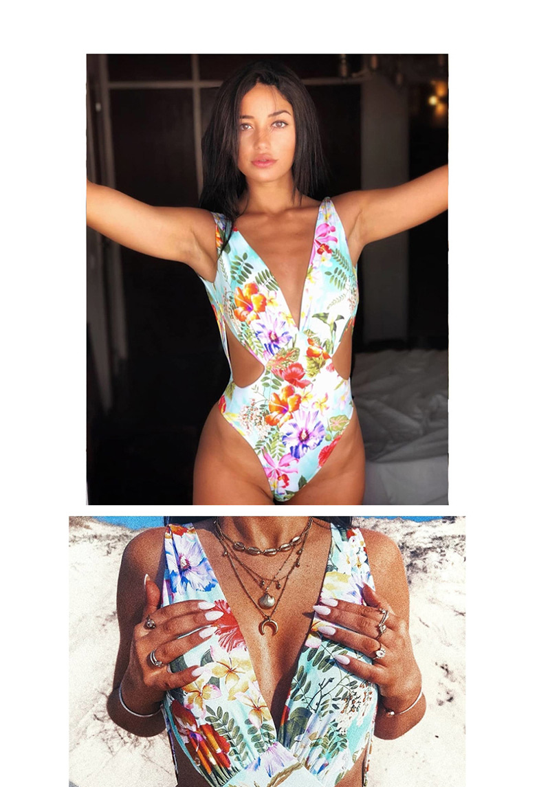 Fashion Green Flower Female Floral Peacock Feather Print One-piece Swimsuit,One Pieces