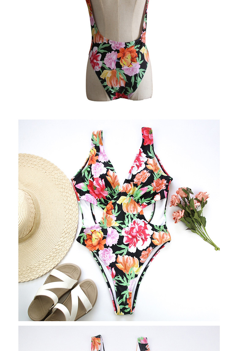Fashion Black Flowers Female Floral Peacock Feather Print One-piece Swimsuit,One Pieces