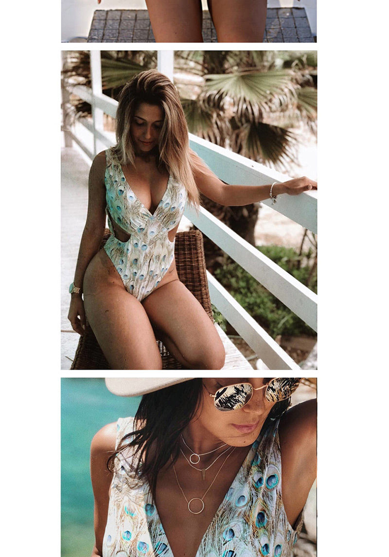 Fashion Peacock Female Floral Peacock Feather Print One-piece Swimsuit,One Pieces