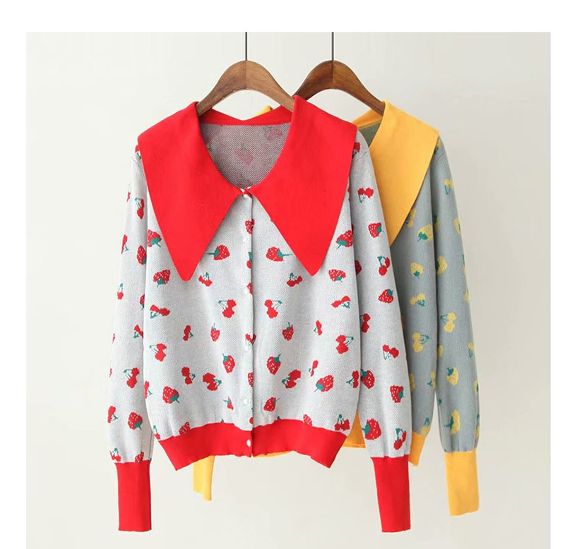 Fashion Yellow Cherry Lapel Cardigan Sweater,Tank Tops & Camis