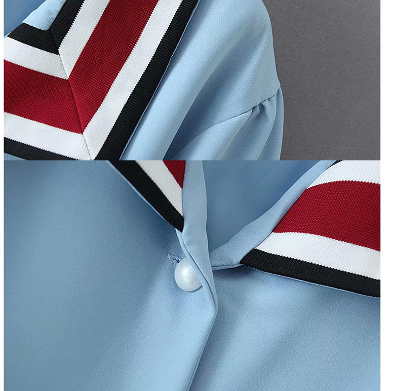 Fashion Blue Retro Contrast Collar Coat,Coat-Jacket