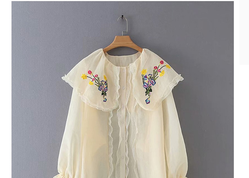 Fashion Light Yellow Embroidered Doll Collar Long Sleeve Shirt,Tank Tops & Camis