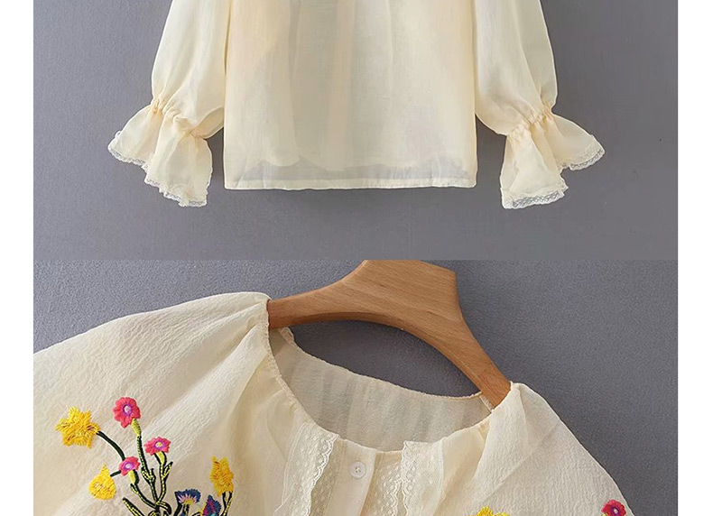 Fashion Light Yellow Embroidered Doll Collar Long Sleeve Shirt,Tank Tops & Camis