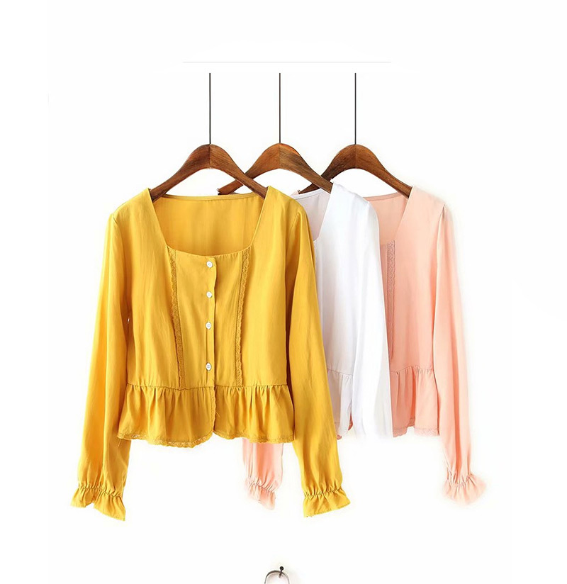 Fashion Yellow Lace Button Long-sleeved Top,Coat-Jacket