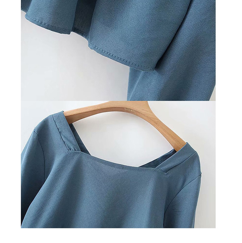 Fashion Blue Ruffled V-neck Long-sleeved Top,Coat-Jacket