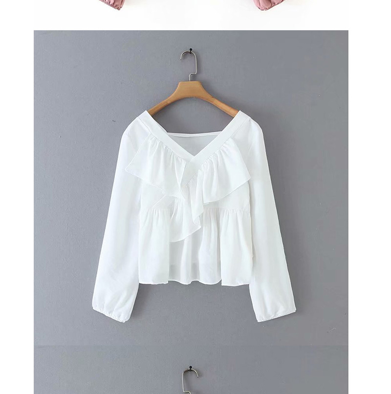 Fashion White Ruffled V-neck Long-sleeved Top,Coat-Jacket