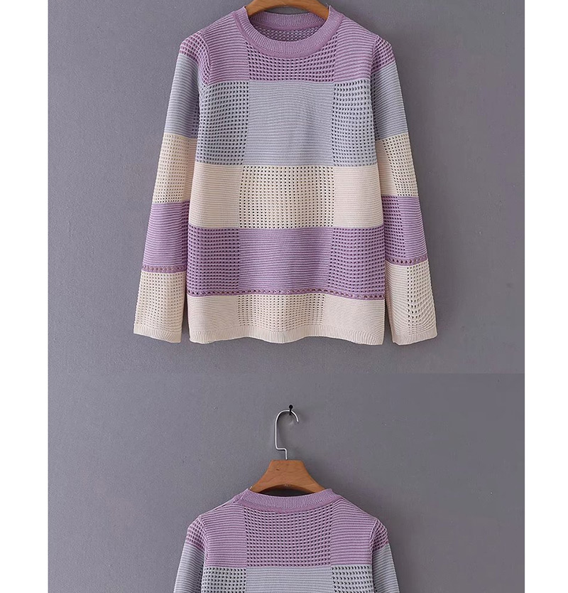Fashion Purple Colorblock Round Neck Long Sleeve Sweater,Sweater